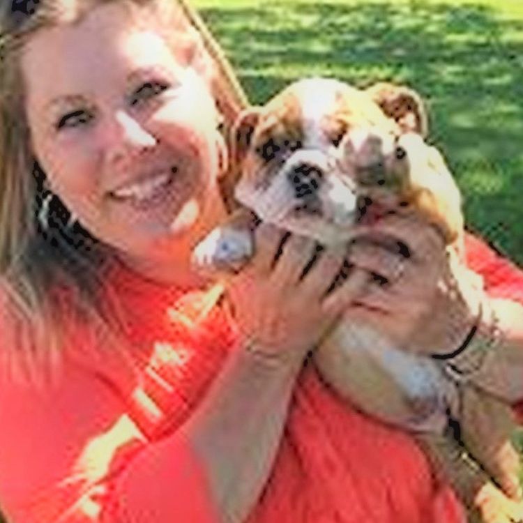 Puppies 'N Love's Animal Health Director Michelle L. with English Bulldog puppies