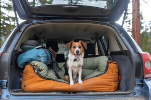 A dog guards the car and gear on a camping trip. Photo series.