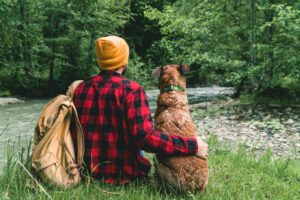 Back view of a young bearded hipster tourist man sitting together with his dog buddy at the river bank, relaxing after long hiking journey in the forest, enjoying great scenery.