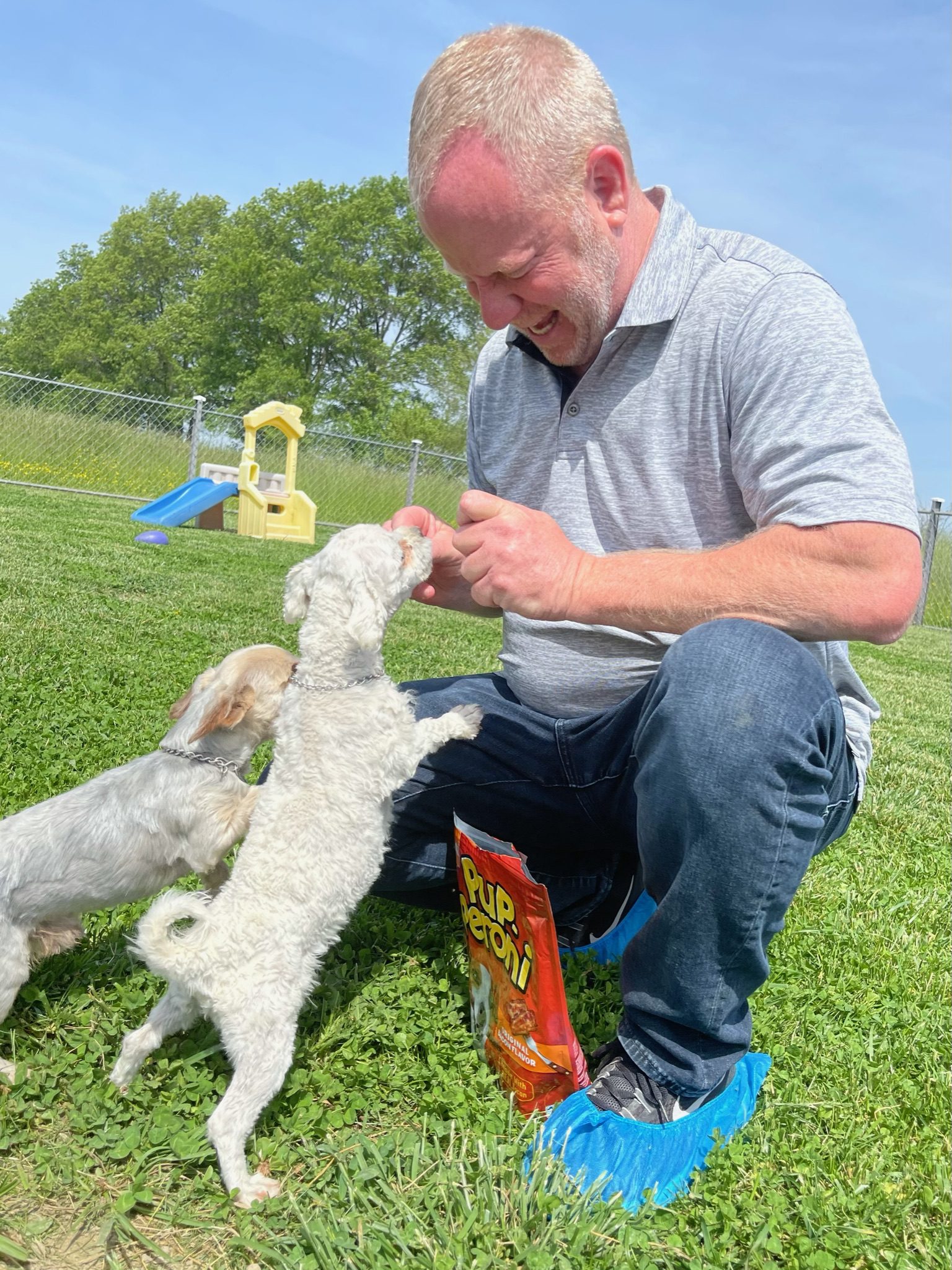 Frank offers treats to one of Ernest\'s adult Maltese