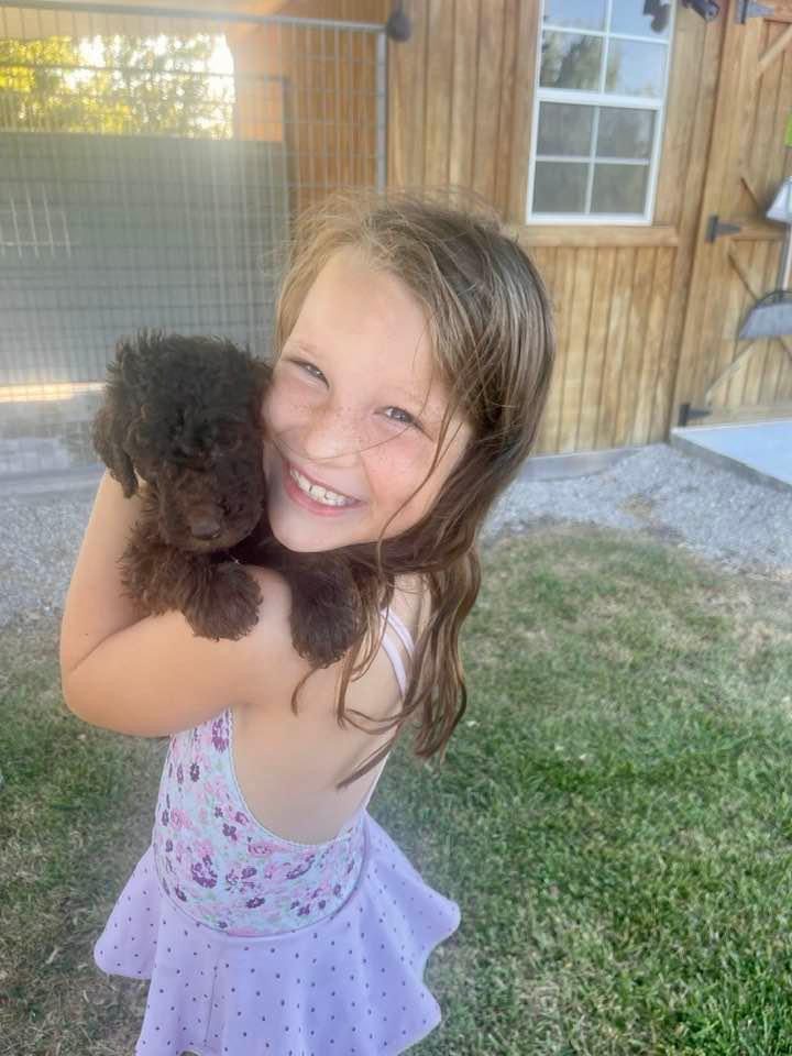 A girl poses with one of Roberta\\'s puppies