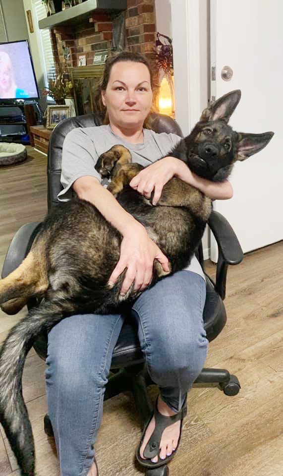 Kim with one of her adult dogs